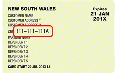 Health care card example showing the CRN location