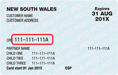 Pensioner concession card example showing the CRN location