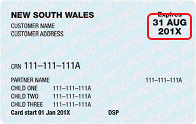 Pensioner concession card example showing the expiry date location