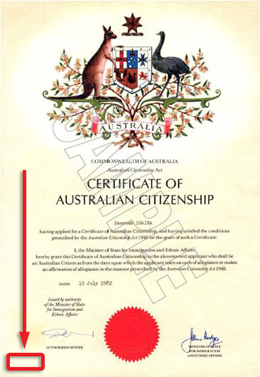 sample citizenship certificate - front